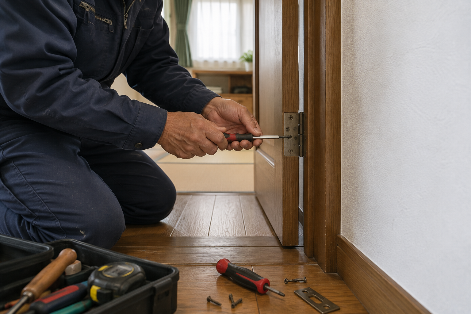 ドアの丁番を工具で調整する職人の手元