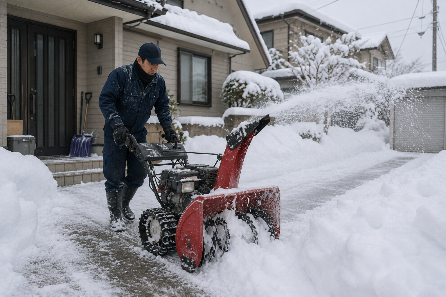 雪の積もった駐車場を除雪機で除雪する職人